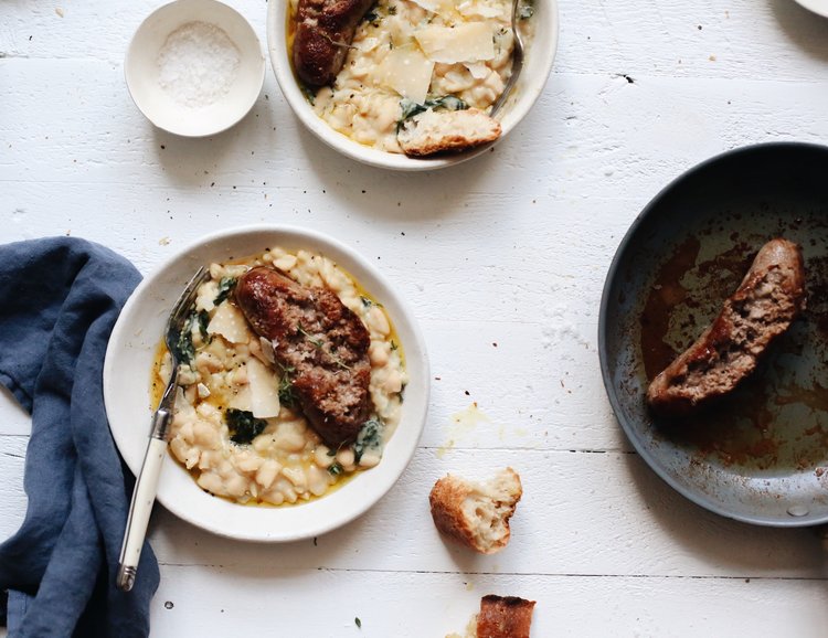 Garlic Braised White Beans with Pork and Fennel Sausage