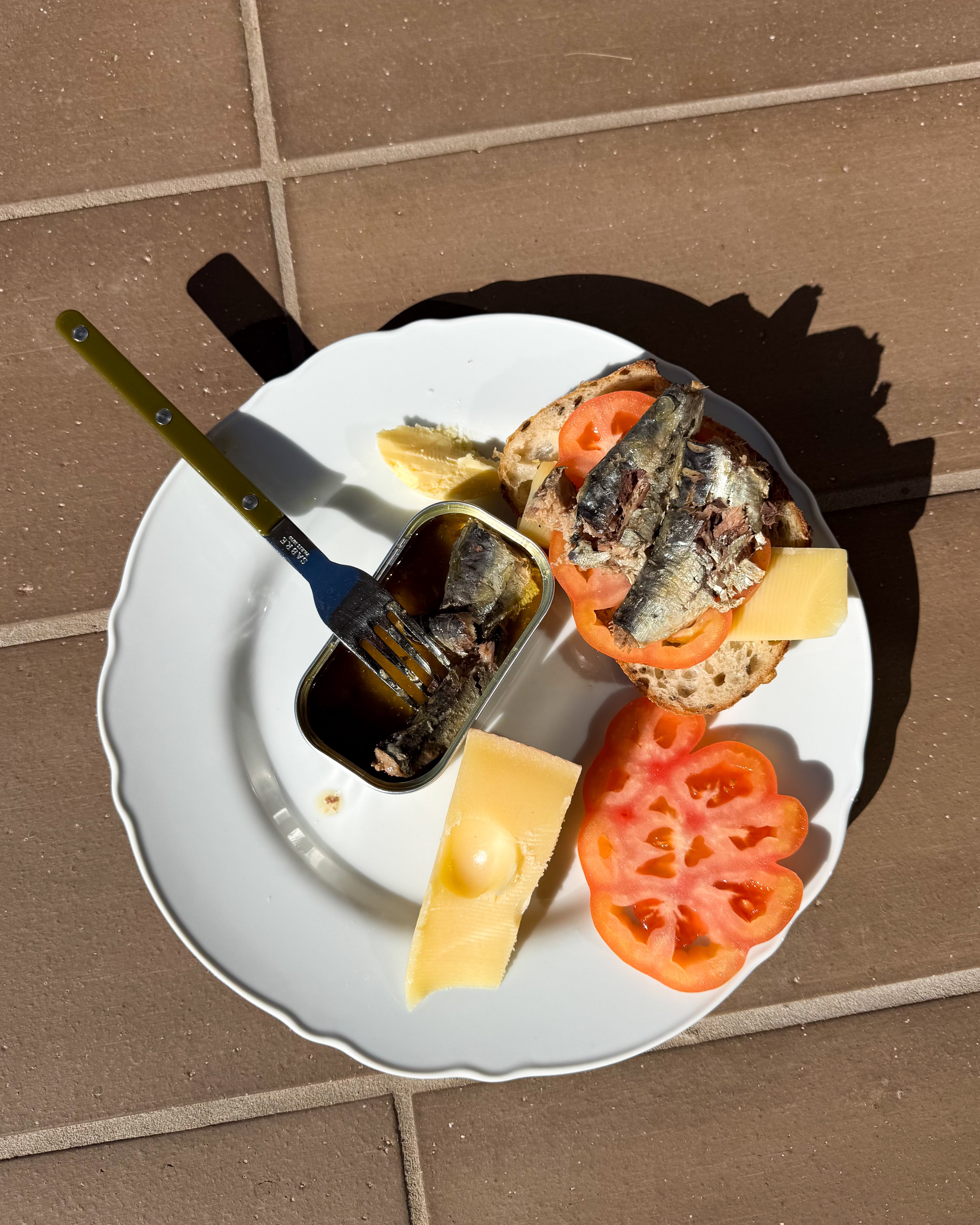 Plated lunch with sardines, tomatoes, and cheese on a tiled surface