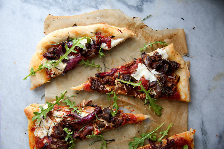 Braised Lamb, Roast Onion and Burrata Pizza
